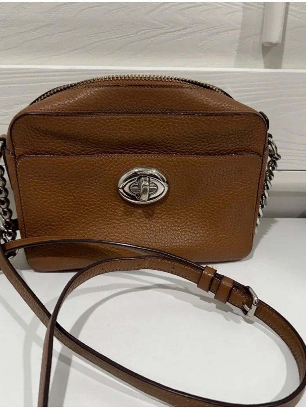 Coach Brown Pebbled Leather Turnlock Crossbody Bag